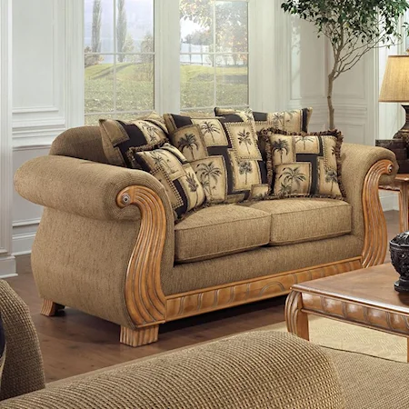 Loveseat with Rolled Arms and Carved Wood Trim